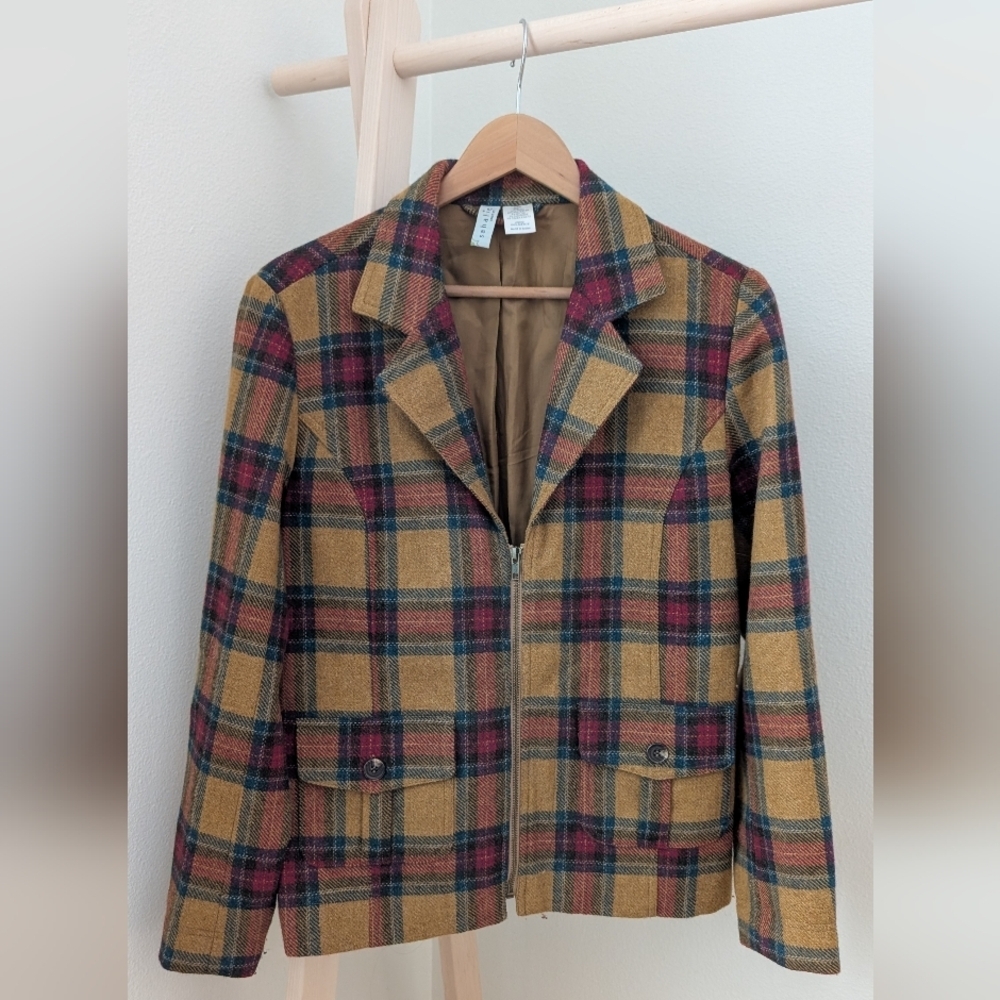 Vintage Collared Plaid Wool Blend Jacket In Rust/Navy/Red